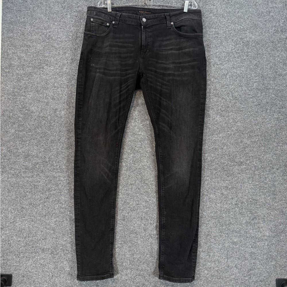 Nudie Jeans Skinny Lin Mens 38 Black Worn Wash Stretch Denim Pants Designer